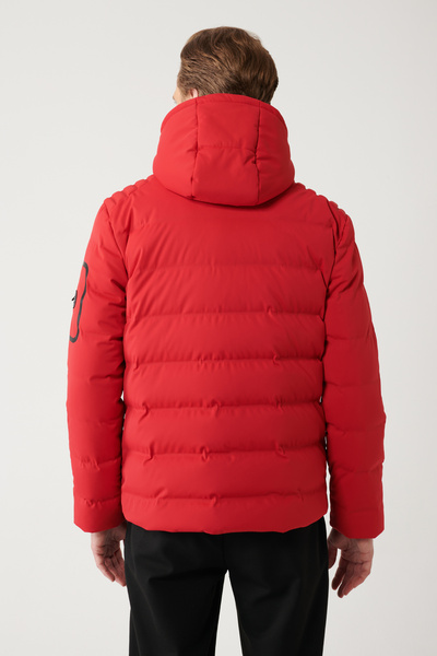 Avva Men's Red Puffer Jacket - Repellent, Windproof, Thermometer, Detachable Hood A32Y