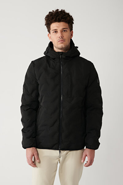 Avva Erkek Siyah Yapıştırma Desenli Su İtici Kumaşlı Kapüşonlu Şişme Mont A32Y6041