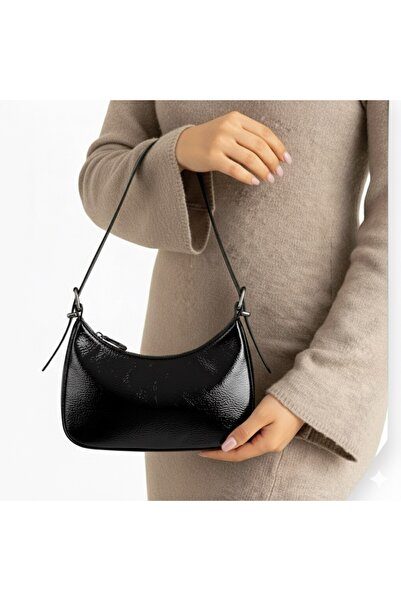 Madame Black Patent Leather Shoulder Bag Baguette