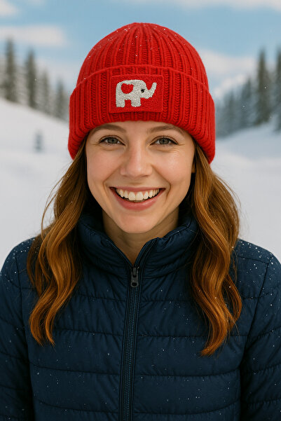 byebruketenci kırmızı bere kırmızı fil punch desenli lüks yün şapka yılbaşı hediye