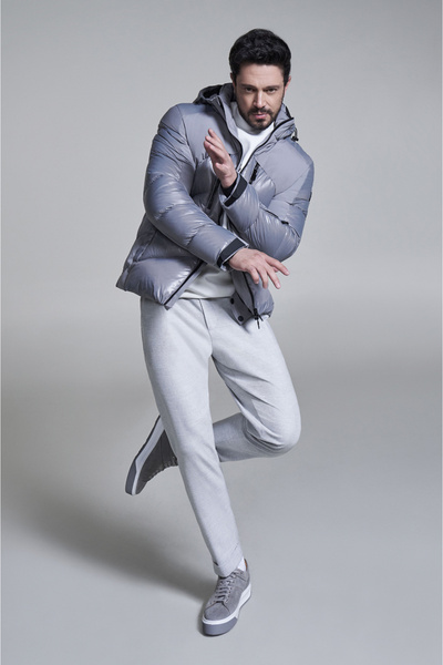 Avva Men's Gray Puffer Jacket - Goose Down, Water Repellent, Windproof, Strap and Detachable Hood A32Y