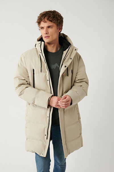 Avva Ανδρικό μπεζ κουκούλα χήνας, υδατοαπωθητικό μακρύ παλτό A32y6047