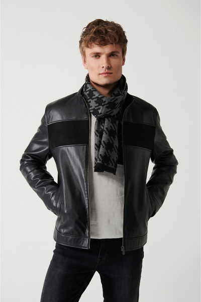 Avva Ανδρικό παλτό με μαύρη βάση γιακά μπροστά με κομματάκια σουέτ-δερμάτινο look A32y6037