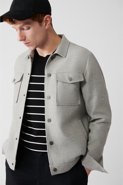 Avva Men's Gray Classic Collar Snap Fastener Capped Pocket Short Stamp Coat A32Y6121