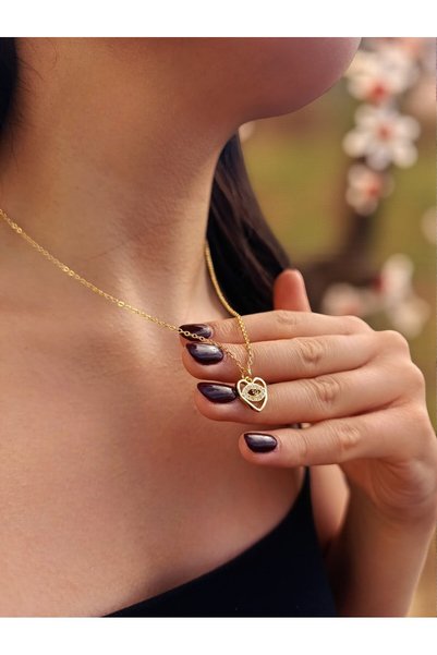 BeyzHal Gold Colored Heart with Stone Evil Eye Bead Necklace – Stylish and Meaningful Women's Jewelry Model