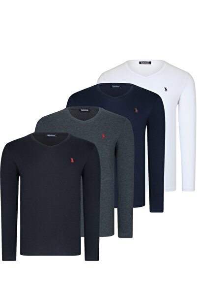 Dewberry SET DE PATRU T8587 SWEATSHIRT BĂRBAȚI CU GULER ÎN V - NEGRU-ANTRACIT...
