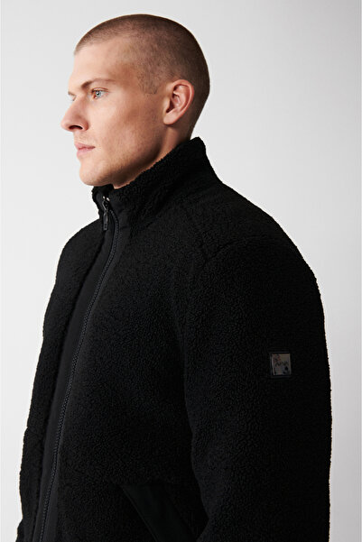 Avva Men's Black Stand Collar Front Zippered Plush Coat A32Y6132