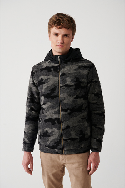 Avva Men's Anthracite Knitted Hooded Front Zipper Coat A32Y6107