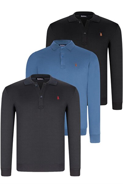 Dewberry SET TRIPLU V4007 SWEATSHIRT BĂRBAȚI-NEGRU-ALBASTRU MARIN-INDIGO