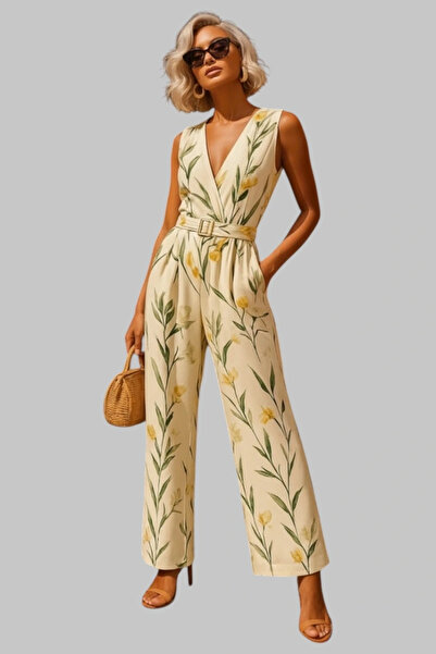 Jessica Dafer Siyadora Tropikal Şık Yaprak Desenli Tulum Ayarlanabilir Bel Ba...