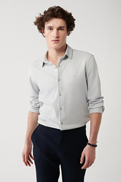 Avva Cămașă tricotată cu guler clasic, gri, ușor de călcat, pentru bărbați A32y2122