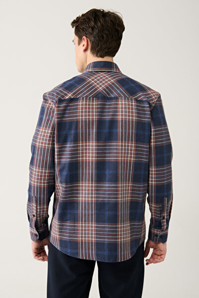 Avva Чоловіча сорочка з ґудзиками, синьо-коричнева, з бавовняною клітинкою, A32Y2059