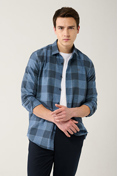 Avva Ανδρικό πουκάμισο φανέλας Navy Blue Lumberjack Easy-Iron A32y2105