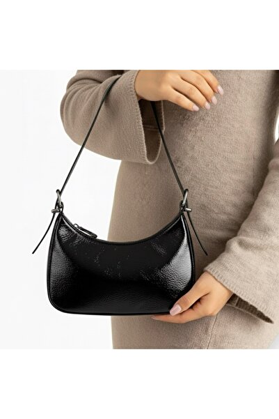 Madame Black Patent Leather Shoulder Bag Baguette