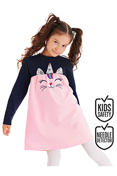 Denokids Μακρυμάνικο φόρεμα για κορίτσι με ροζ παγιέτες Catcorn