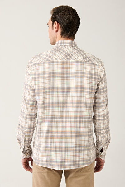 Avva Men's Beige Buttoned Collar 100% Cotton Plaid Shirt A32Y2150