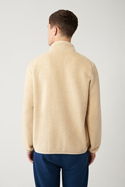 Avva Men's Cream Stand Collar Full Zip Plush Sweatshirt A32Y1381