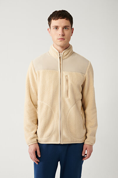 Avva Men's Cream Stand Collar Full Zip Plush Sweatshirt A32Y1381