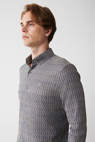 Avva Khakifarbenes, geknöpftes, gemustertes, flexibles Baumwollhemd für Herren A32y2145