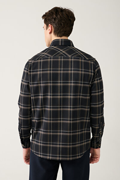 Avva Men's Brown Buttoned Collar Plaid Viscose Blended Lumberjack Shirt A32Y2186