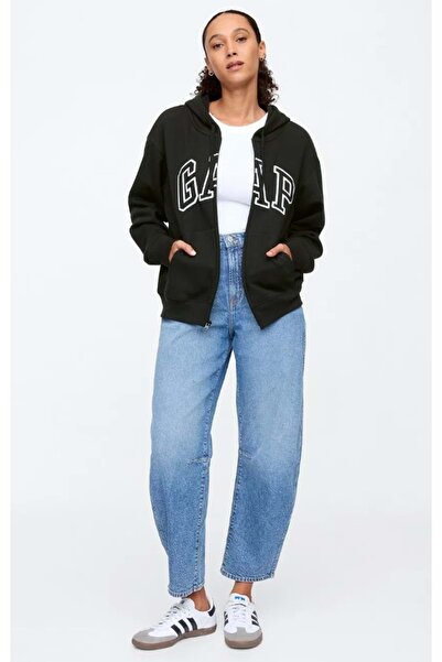 GAP V-Gap Logo Fleece Heritage Fz Hd 678782 Hoodie Hooded Zippered Women's Sweatshirt Black