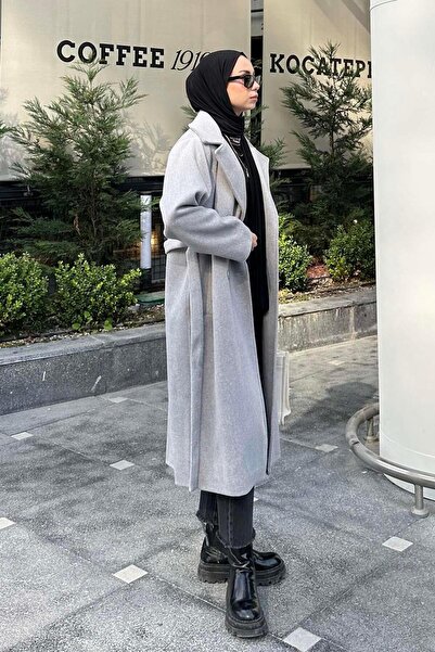 lamelif Γκρι κασετένιο παλτό - με ζώνη και τσέπες φιλέτο