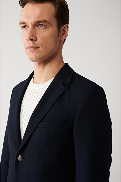 Avva Чоловічий синій моноколірний піджак з капюшоном, кишенями, підкладкою, двома розрізами та металевими ґудзиками A32Y4029