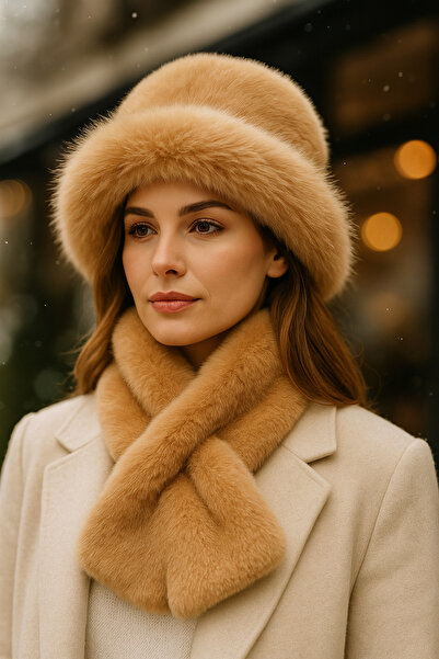 Luminos Butik Imported Camel Plush Hat and Scarf Set - Premium Soft, Warm Winter Accessories Set02