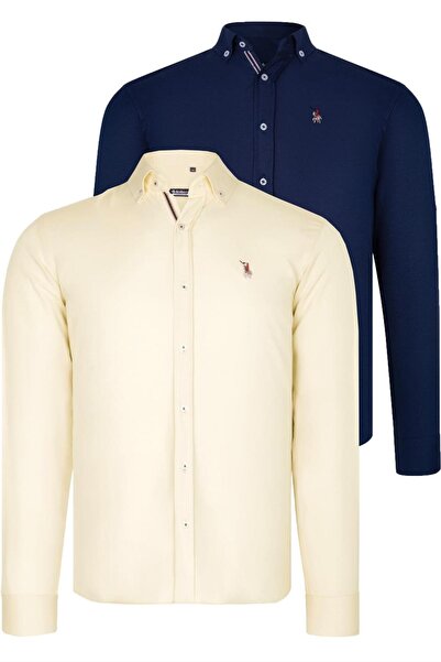 Dewberry DOUBLE SET G674 DEWBERRY MEN'S SHIRT-DARK BLUE-YELLOW
