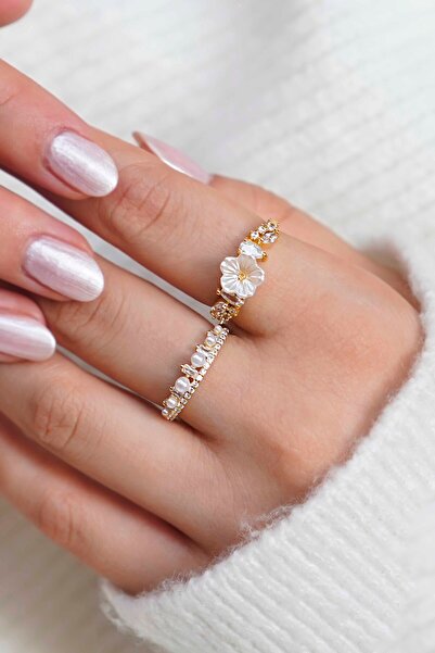 TREND COLLECTİON Kadın Beyaz Çiçek & İnci Zarafeti 2'li Altın Vip Yüzük Seti