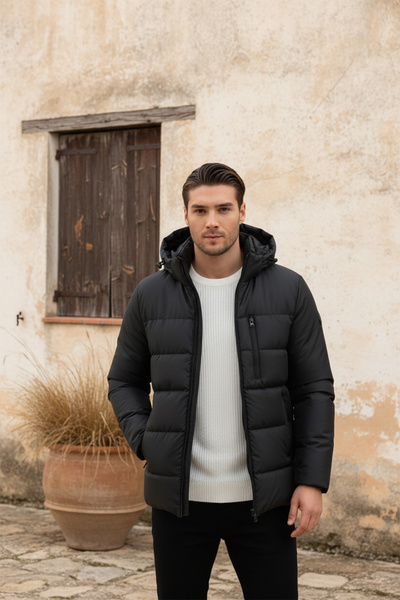 D1fference Erkek Siyah Kalın Astarlı Kapüşonlu Şişme Spor Kışlık Mont