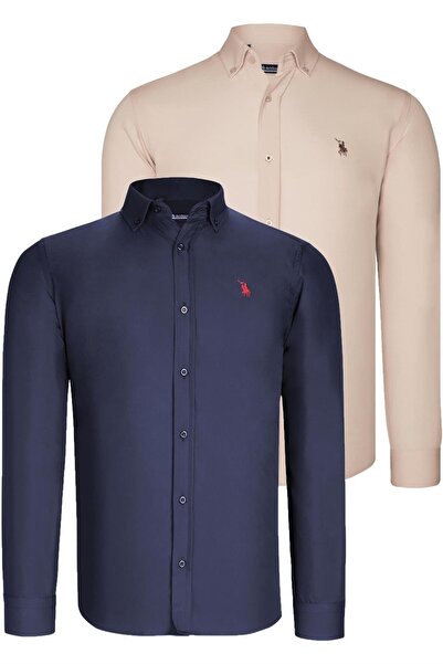 Dewberry DOUBLE SET G725 DEWBERRY MEN'S SHIRT-DARK BLUE-BEIGE