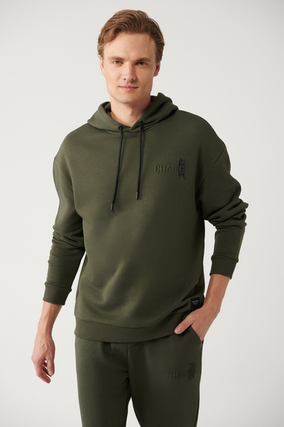Avva Men's Khaki Hooded 3 Thread Raised Sweatshirt A32Y1190