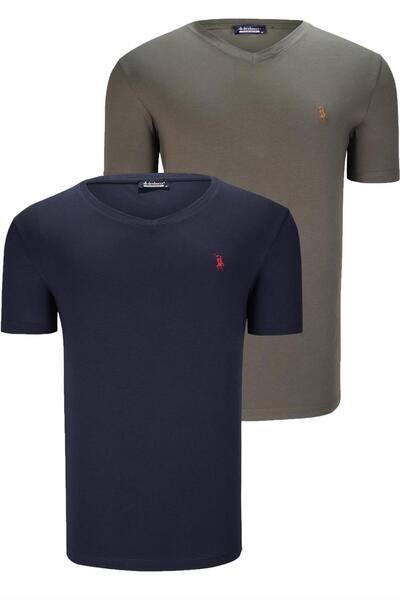 Dewberry DVOJNI SET T8568 DEWBERRY MUŠKA MAJICA SA V-IZREZOM-TAMNOPLAVA-KHAKI