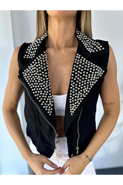 Ecenin Favorileri Women's Black Jean Studded Detailed Biker Vest