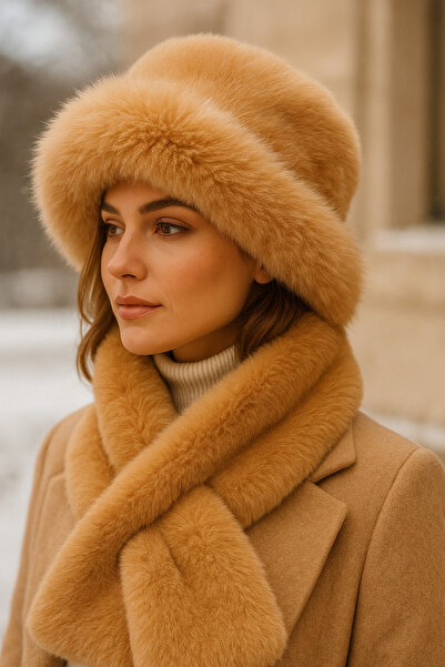 Luminos Butik Imported Camel Plush Hat and Scarf Set - Premium Soft, Warm Winter Accessories Set02