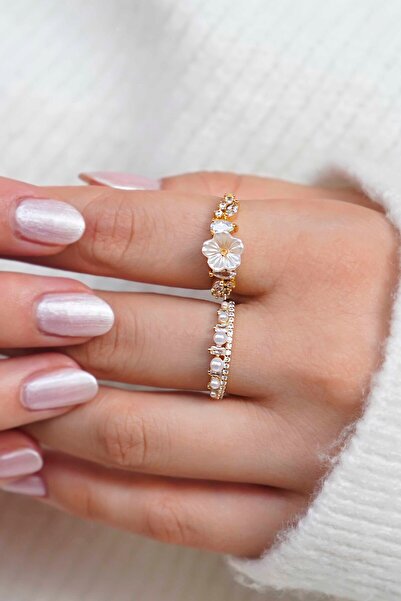 TREND COLLECTİON Kadın Beyaz Çiçek & İnci Zarafeti 2'li Altın Vip Yüzük Seti