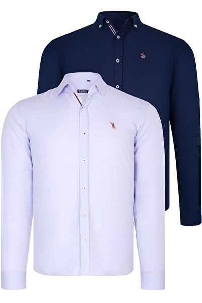 Dewberry DOUBLE SET G674 DEWBERRY MEN'S SHIRT-DARK BLUE-LILA