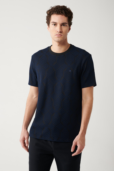 Avva Men's Navy Blue Crew Neck Jacquard T-Shirt A32Y1180