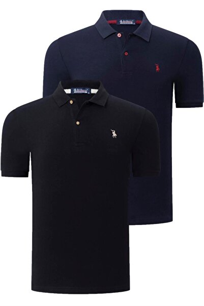 Dewberry Double Set T8561 Men's T-Shirt-Dark Blue - Black