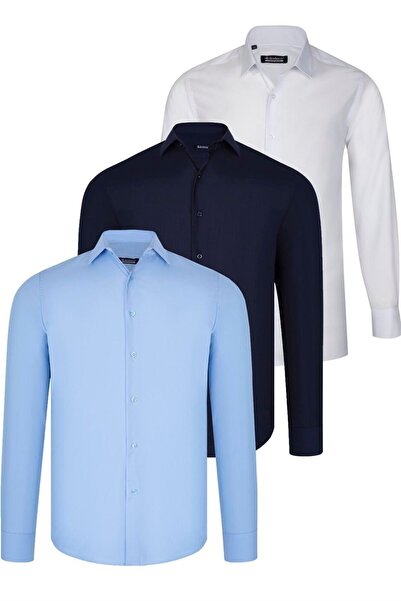 Dewberry TRIPLE SET G726 DEWBERRY SHIRT-WHITE-NAVY-BLUE
