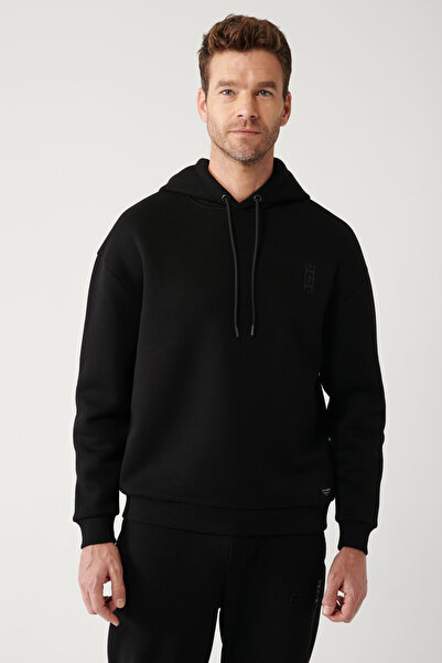 Avva Erkek Siyah Şardonlu Kumaş Kapüşonlu Yaka Gofre Baskılı Oversize Sweatshirt A32Y1190