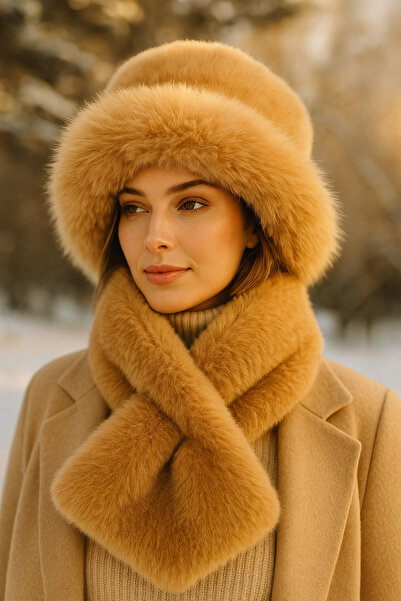 Luminos Butik Imported Camel Plush Hat and Scarf Set - Premium Soft, Warm Winter Accessories Set02
