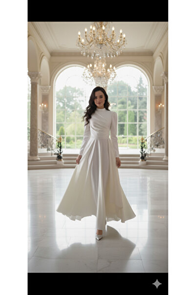 makbuleofficial Ekrubeyaz Saten Kumaştan Drape Detaylı Söz Nişan Nikah Elbisesi