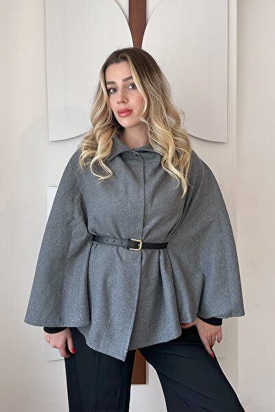 ECOTİQUE Kadın Antrasit Gold Düğme Detaylı Panço Pelerin Kemerli Kaşe Dokulu