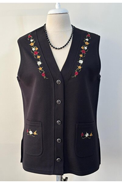 Özenli Triko Çelik Örgü 5 Düğmeli Renkli Çiçek Nakışlı Anne Yelek Siyah