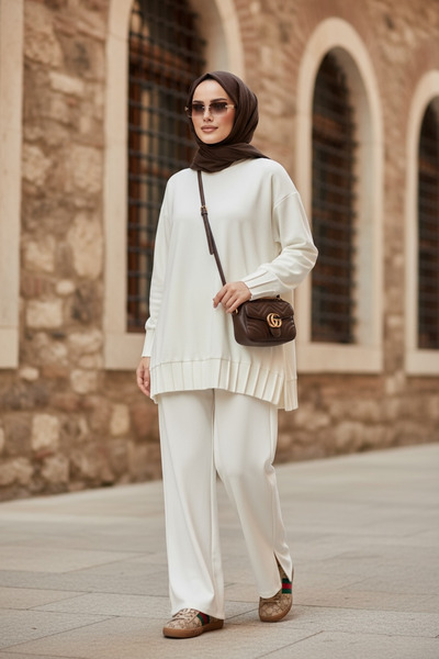 Aselim Hijap Moda Διπλό Σετ Τζιλάμπας από Πλισέ Υφασμάτινο Μοντάλ Premium Alisa – Εκρού