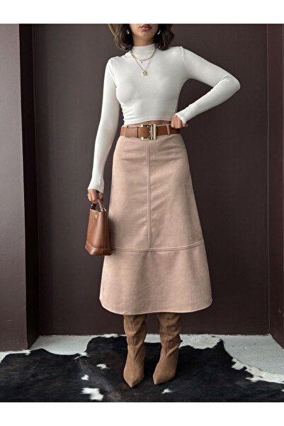 Ecenin Favorileri Scuba Suede Midi Length Women's Skirt