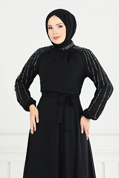 ModaMerve Kolları İşlemeli Abiye siyah