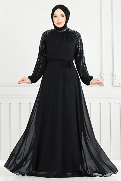 ModaMerve Kolları İşlemeli Abiye siyah